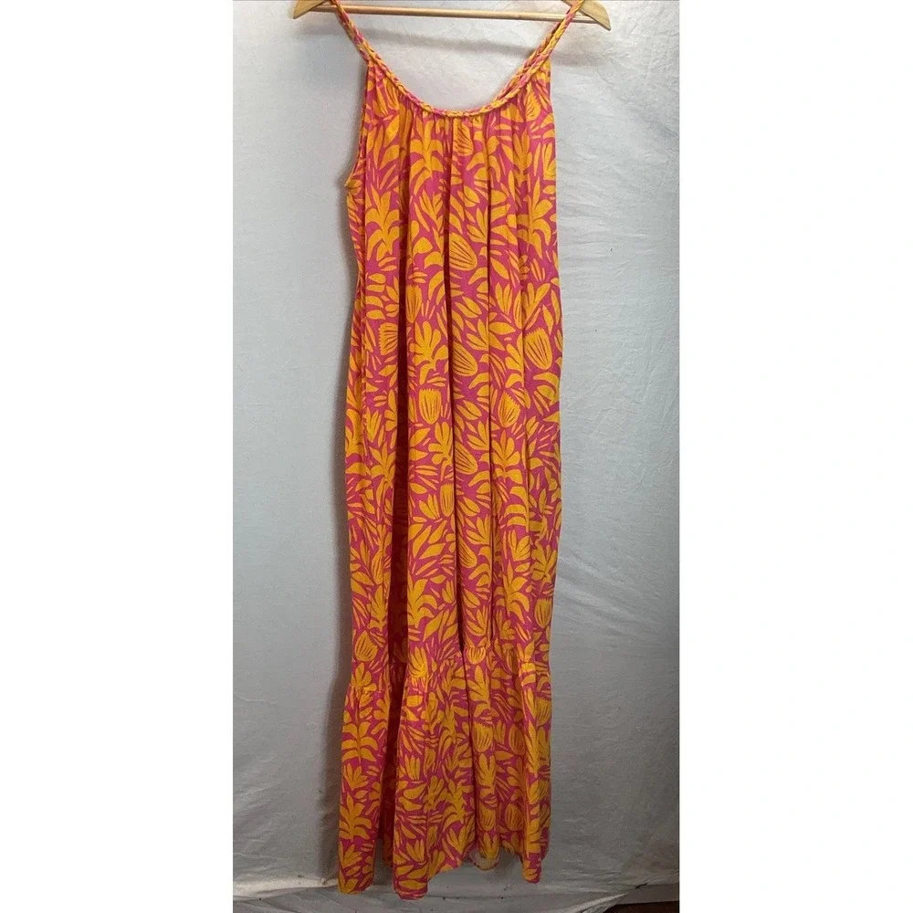 Palms Away scoop neck floral pink oversized tiered Maxi Dress Farm Rio vibes MED